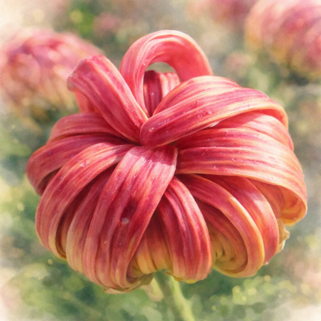 赤と黄色のグラデーションが美しいキクを描いた、優しい質感の手描き水彩画風イラスト。リボンのように重なる花弁を、にじみと柔らかなボケ感で表現した正方形構図。