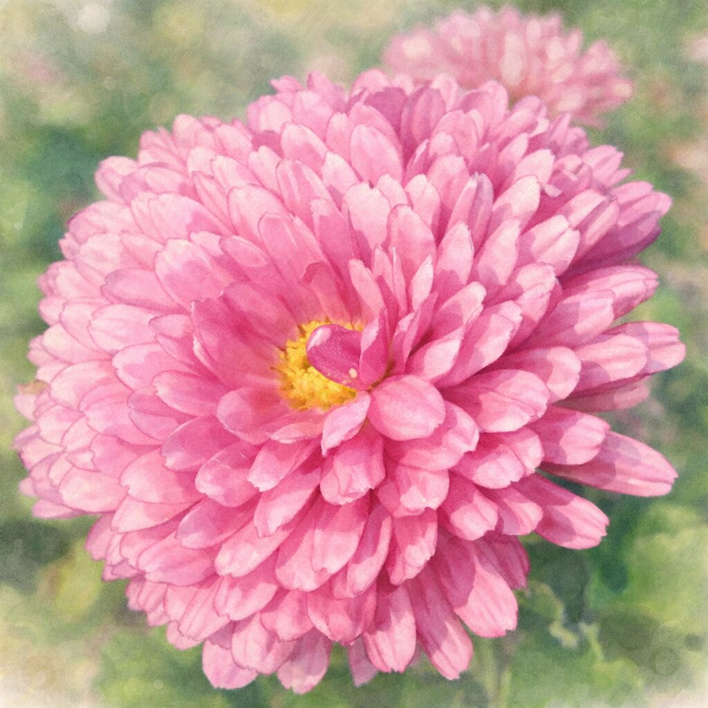 ピンク色のキクをモチーフにした手描き水彩画風イラスト。幾重にも重なる花びらを柔らかなにじみと淡い色合いで表現し、中心の黄色が優しく際立つ正方形構図。