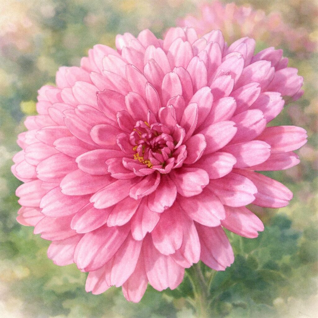 ピンク色のキクを正方形構図で描いた手描き風の水彩画イラスト。やさしい色合いの花弁が幾重にも重なり、中心からふんわりと広がる菊の花を表現している。