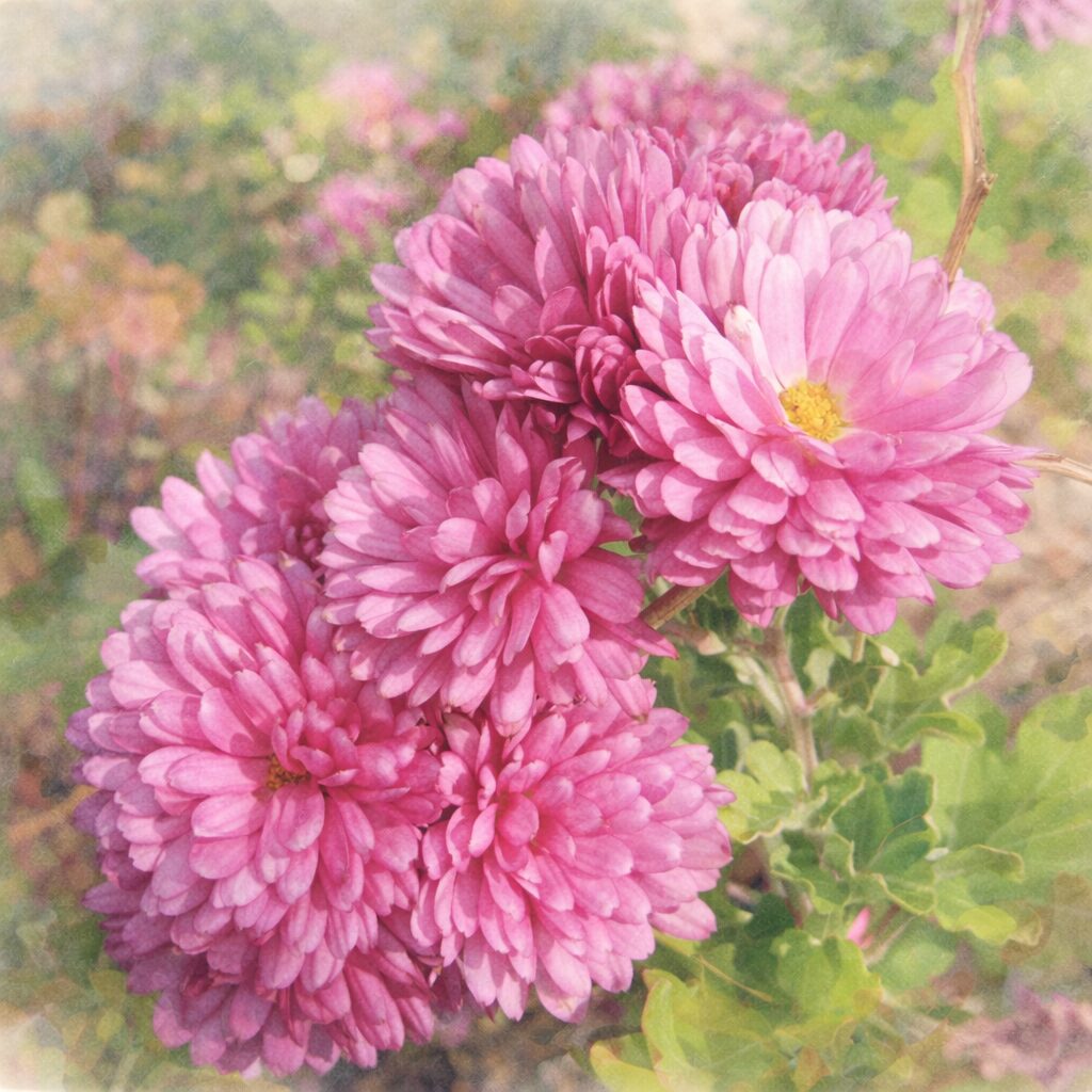 ピンクの八重咲きキクが房状に咲く姿を、やさしい質感でふんわりと描いた手描き水彩画風イラスト。花びらの重なりと柔らかな色調を表現した正方形構図。