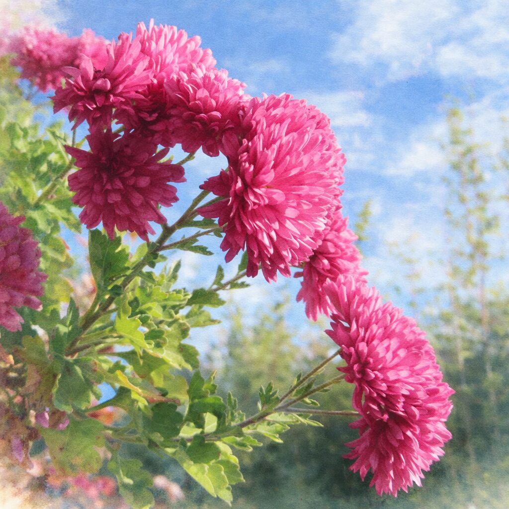 ピンクのキクがアーチ状に連なって咲く様子をやさしい質感で描いた手描き水彩画風イラスト、青空を背景に花弁の重なりをふんわり表現