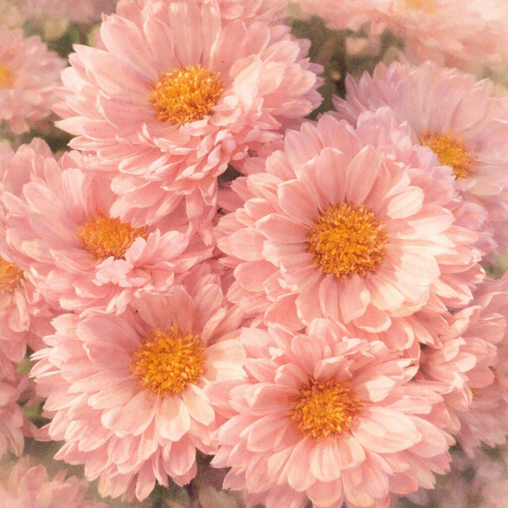 ピンク色のキク（菊）が房状に咲く様子を、やさしい質感のふんわりした手描き水彩画で表現した正方形イラスト。重なり合う花弁と温かみのある色合いが特徴。