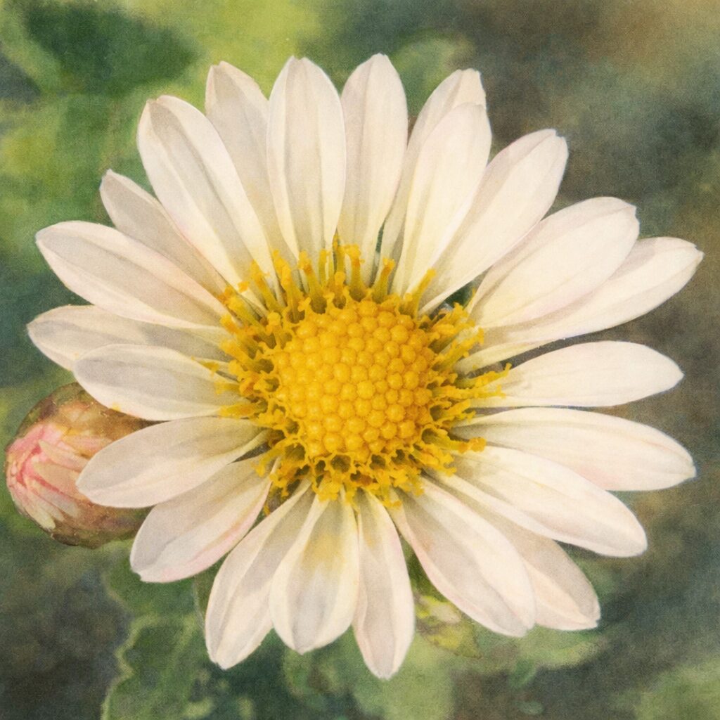 白い花弁と黄色い花芯をもつキクの花を正面から描いた、やさしい質感のふんわりとした手描き水彩画風イラスト。正方形構図で背景は落ち着いた色合い。