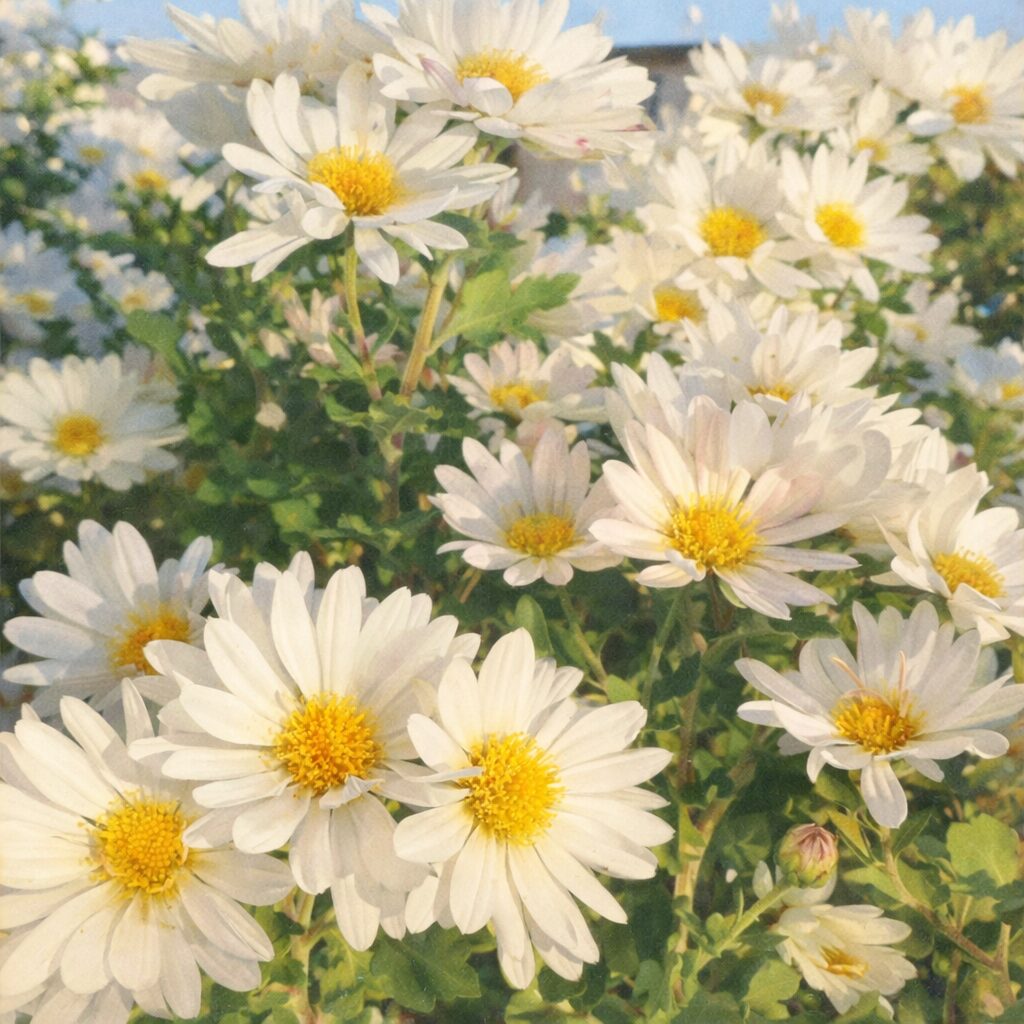 白い花びらと黄色い花芯のキクがたくさん咲く様子を、やさしい質感でふんわり描いた手描き水彩画風イラスト、正方形構図の菊の花の群生イラスト