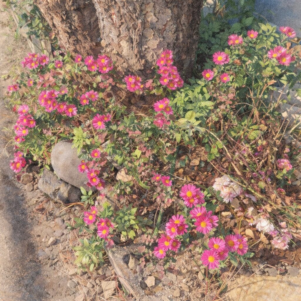 ピンク色のキク（菊）の花が群れて咲く様子を、やさしい質感でふんわり描いた手描き水彩画風イラスト。桃色の花弁と黄色の花芯を柔らかなタッチで表現した正方形構図のボタニカルイラスト。