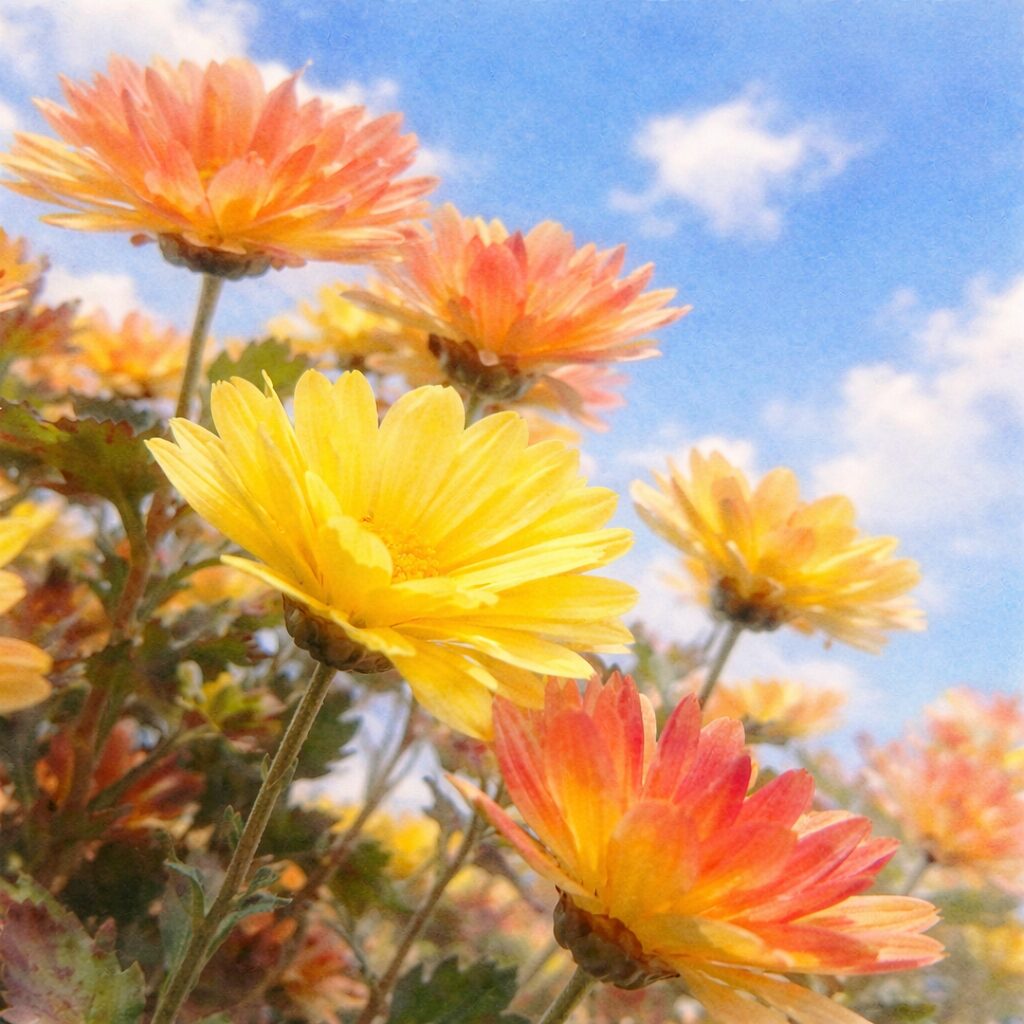 青空を背景に、黄色とオレンジが混じるキクの花々を描いた、やさしい質感のふんわりとした手描き水彩画風イラスト。見上げる構図で配置された花と、淡くにじむ空の表現が穏やかな雰囲気を伝えている。
