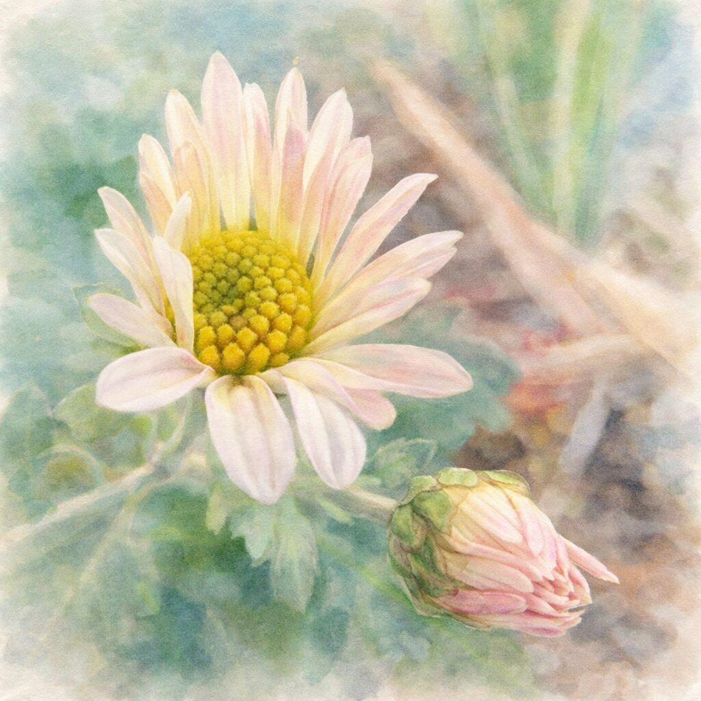 淡いピンクから白へとやさしくにじむ花弁と黄緑色の花芯を描いたキクの花と蕾を、水彩画ならではの柔らかな質感で表現した正方形イラスト