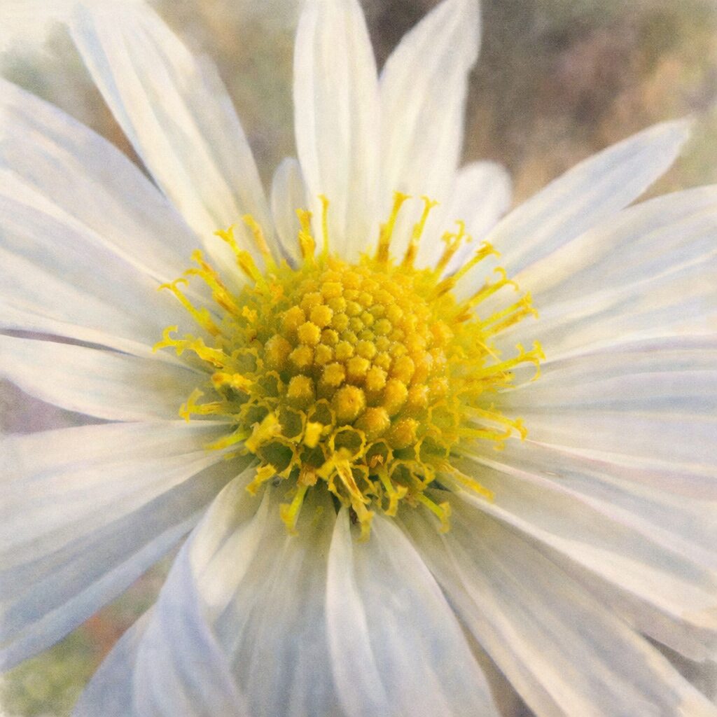 白い花弁と黄緑色の花芯を中心に、細かな雄しべまでやさしいにじみで描いたキクの手描き水彩画風正方形イラスト