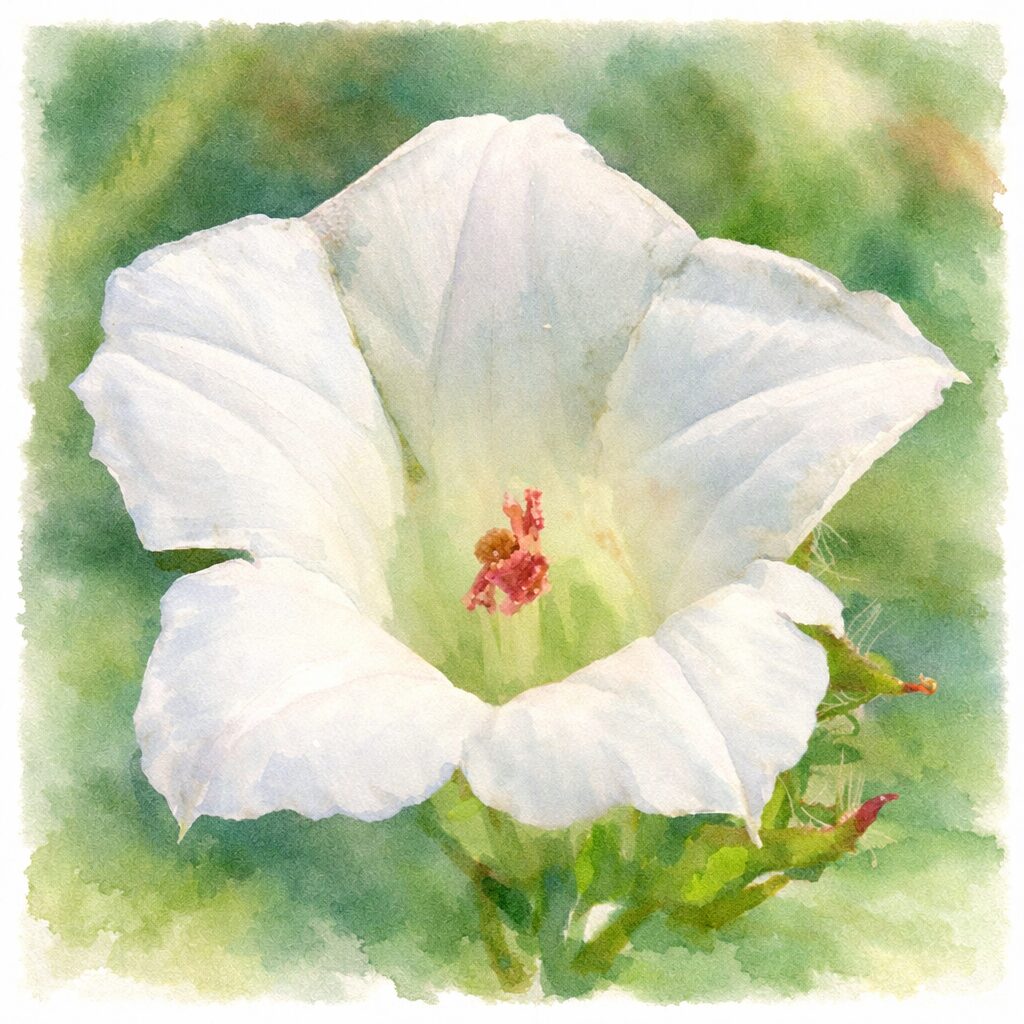 白いマメアサガオの花を正面から描いた手描き水彩画風イラスト。ふんわりとした白い花弁が漏斗状に広がり、淡い黄緑色の中心と赤みのある雄しべ・雌しべをやさしいタッチで表現している。