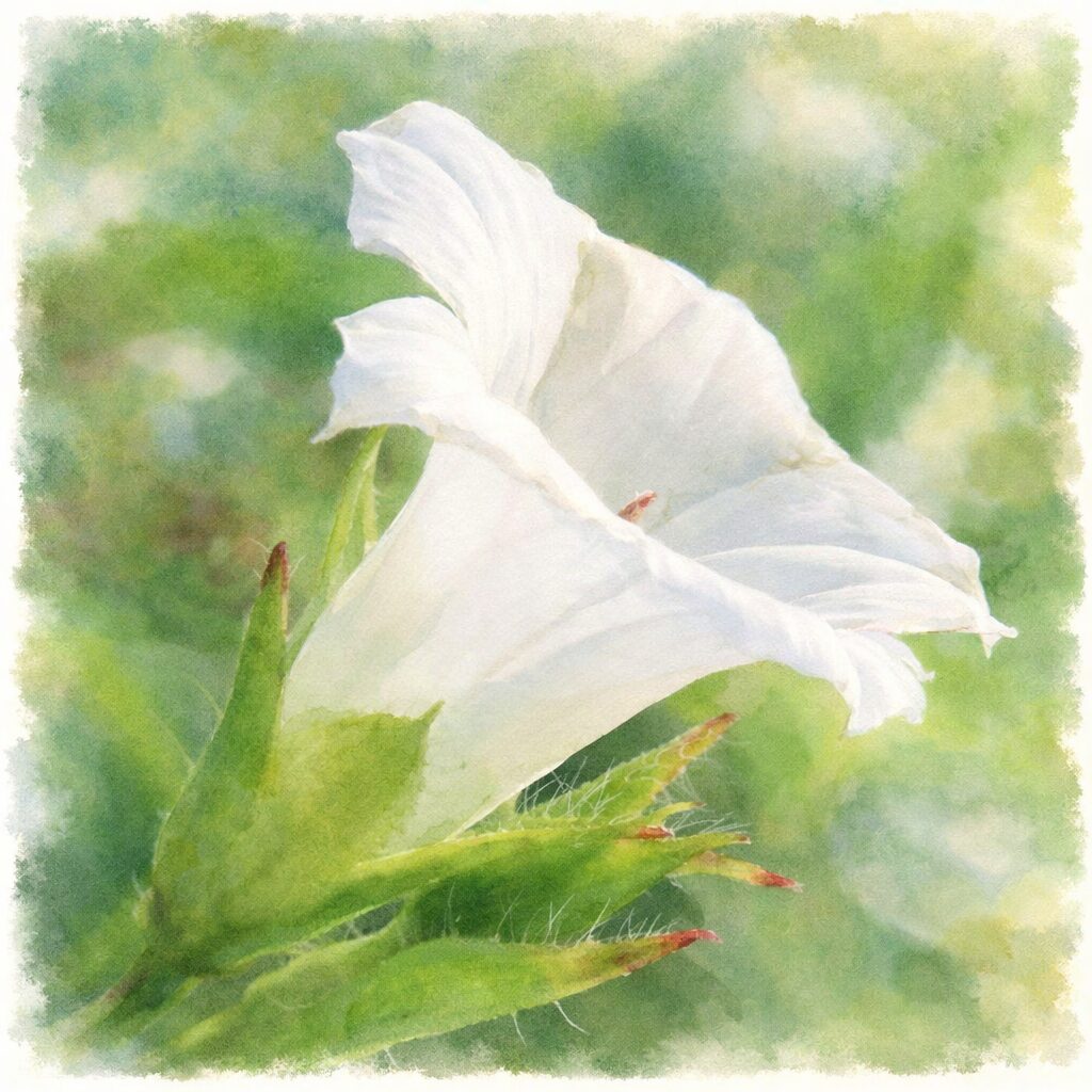 白いマメアサガオの花を横向きに描いた手描き水彩画風イラスト。ふんわりとした白い漏斗状の花と、細かな毛のある緑の萼をやさしいタッチで表現し、背景は淡いグリーンでぼかしている。