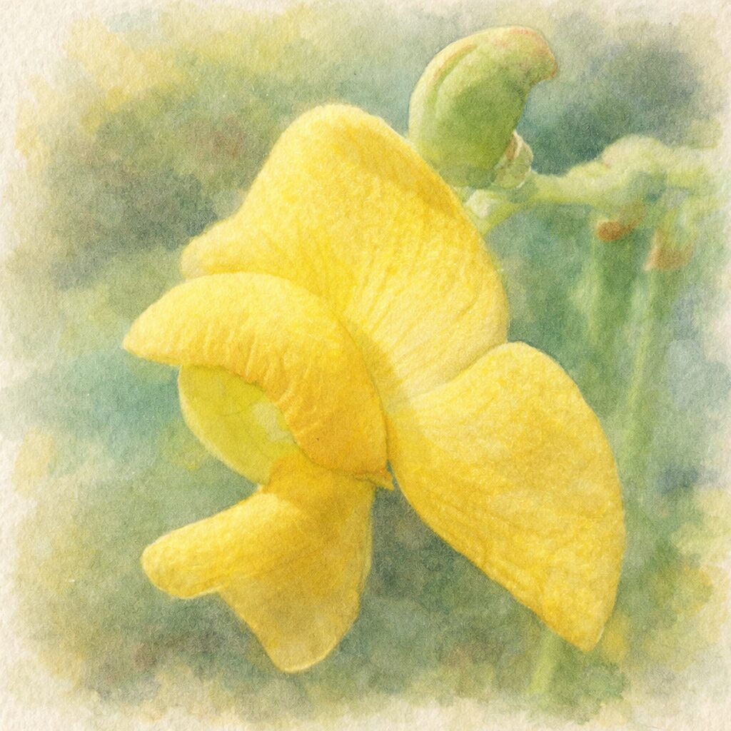 ヤブツルアズキの黄色い蝶形花をモチーフにした、優しい質感の手描き水彩画イラスト。写真構図を忠実に再現し、丸みのある花弁の重なりや、上部に伸びる若い緑色の莢をふんわりとした水彩表現で描いた正方形イラスト。