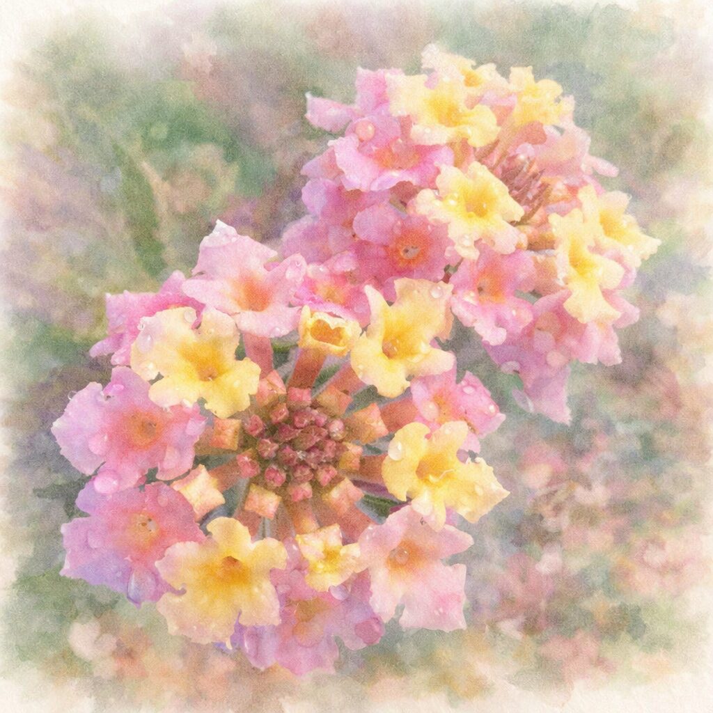 ピンクと黄色のランタナの小花が円形に集まる花房を上から描いた、優しい色合いとにじみ表現のふんわりした手描き水彩画風イラスト、背景は淡く溶けるようなグラデーション
