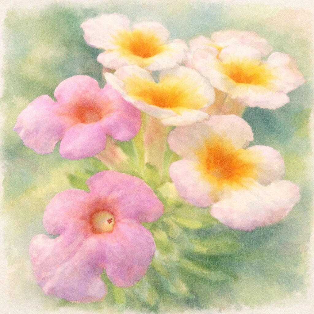 ランタナの花房をモチーフにした手描き水彩画風イラスト。ピンクと白、中心が黄色の小花がふんわりとにじむように描かれ、優しい質感と柔らかなグリーン背景が調和した正方形構図。