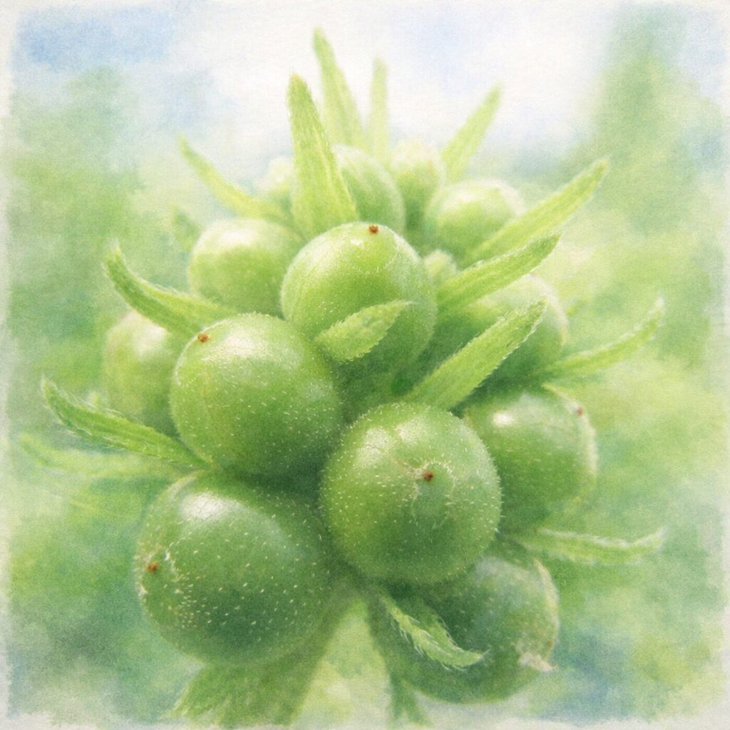 ランタナの未熟な果実をモチーフにした手描き水彩画風の正方形イラスト。丸い緑の実と繊細な萼がふんわりとにじみ、優しい質感と淡いグリーン背景が調和したナチュラルな表現。