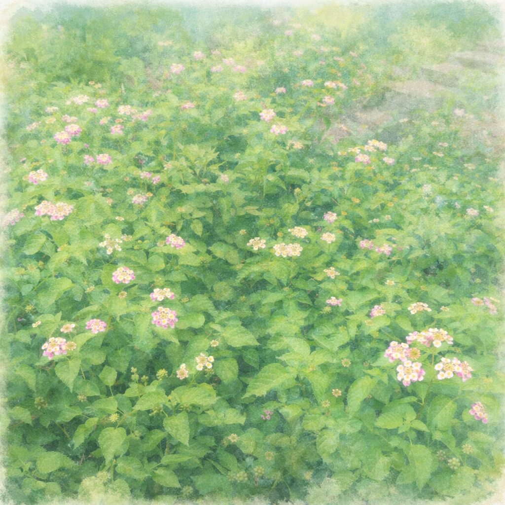 ランタナが群生する風景をやさしい手描き水彩画風で表現した正方形イラスト。濃淡のある緑の葉に、白とピンクの小花がふんわり散りばめられ、穏やかな自然の広がりを感じさせる柔らかな描写。