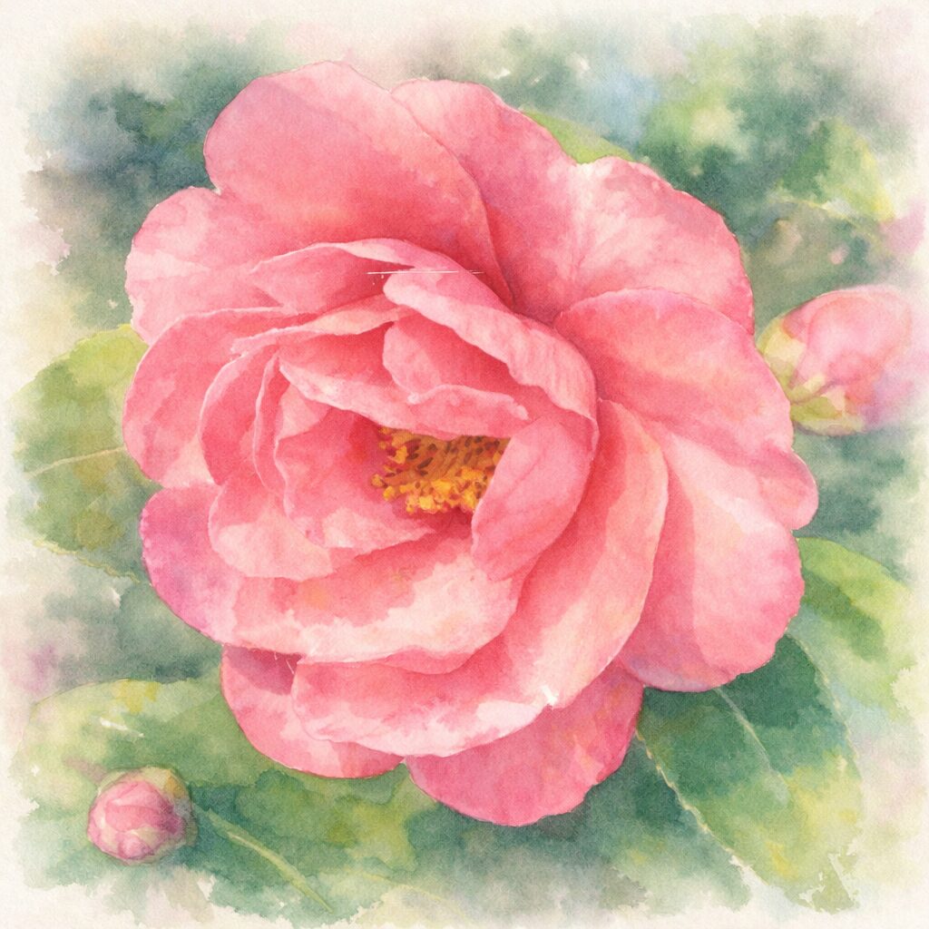 サザンカの花をモチーフにした手描き水彩画風イラスト。濃淡のあるピンクの花弁が幾重にも重なり、中心の黄色い雄しべと周囲の緑の葉が、ふんわりと優しい質感で正方形に描かれている。