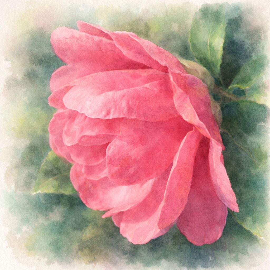 サザンカの花を横向き構図で描いた手描き水彩画風イラスト。重なり合う濃淡ピンクの花弁がふんわりと表現され、背景には柔らかくにじむ緑の葉が配置された正方形のやさしい雰囲気の作品。