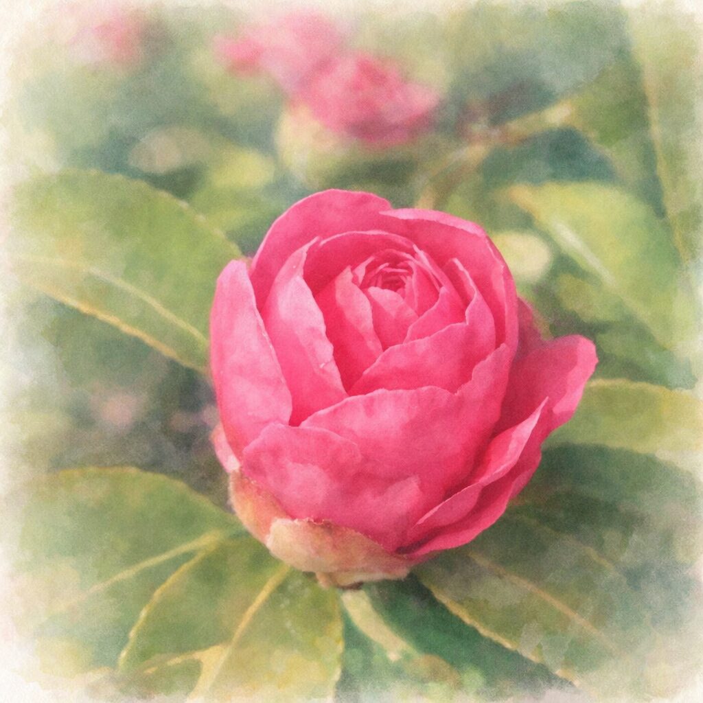 サザンカの花を正面構図で描いた手描き水彩画風イラスト。濃淡のあるピンクの花弁がふんわりと重なり合い、背景にはやさしくにじむ緑の葉が配置された、柔らかな質感の正方形作品。