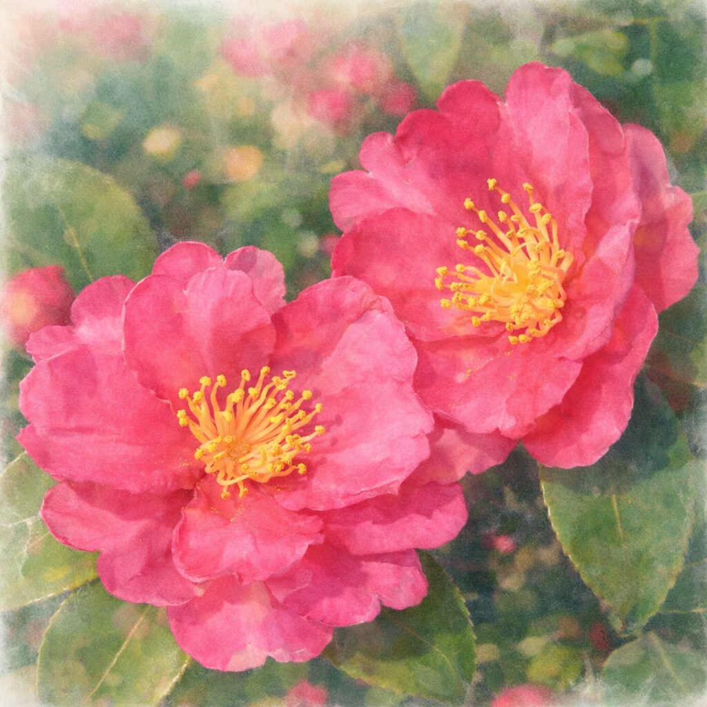 サザンカの花を2輪並べて描いた手描き水彩画風イラスト。濃淡のあるピンクの花弁と黄色い雄しべがふんわりと表現され、背景にはやさしくにじむ緑の葉が広がる正方形の作品。