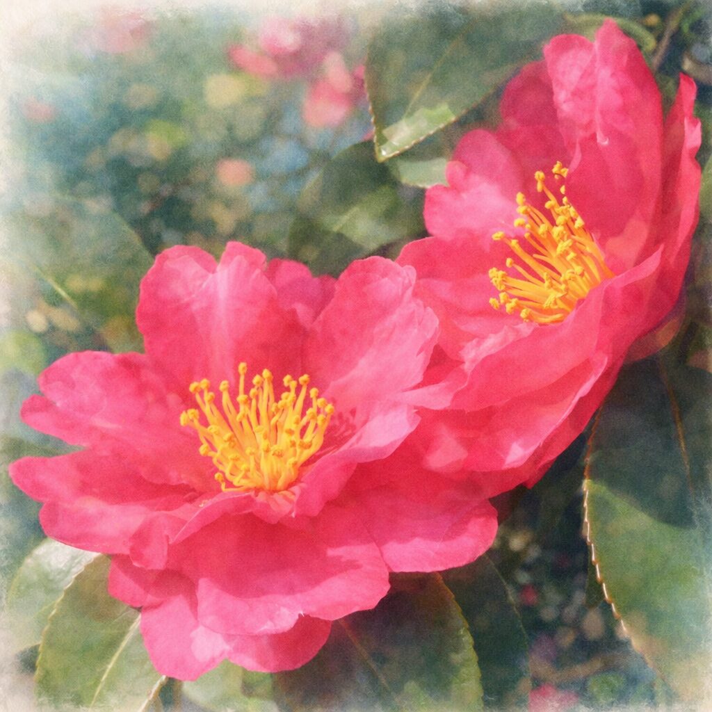 サザンカの花を2輪並べて描いた手描き水彩画風イラスト。濃淡のあるピンクの花弁と明るい黄色の雄しべがふんわりと表現され、背景にはやさしくにじむ緑の葉が広がる正方形の優しい雰囲気の作品。