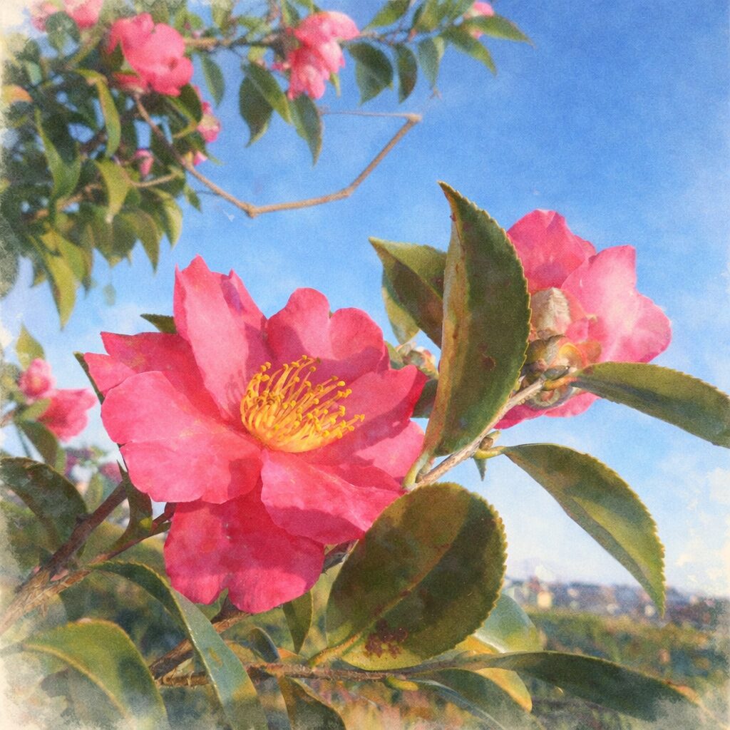 青空を背景に咲くサザンカの花を描いた手描き水彩画風イラスト。濃淡のあるピンクの花弁と黄色い雄しべがふんわりと表現され、周囲の緑の葉や遠景がやさしくにじむ正方形の優しい作品。