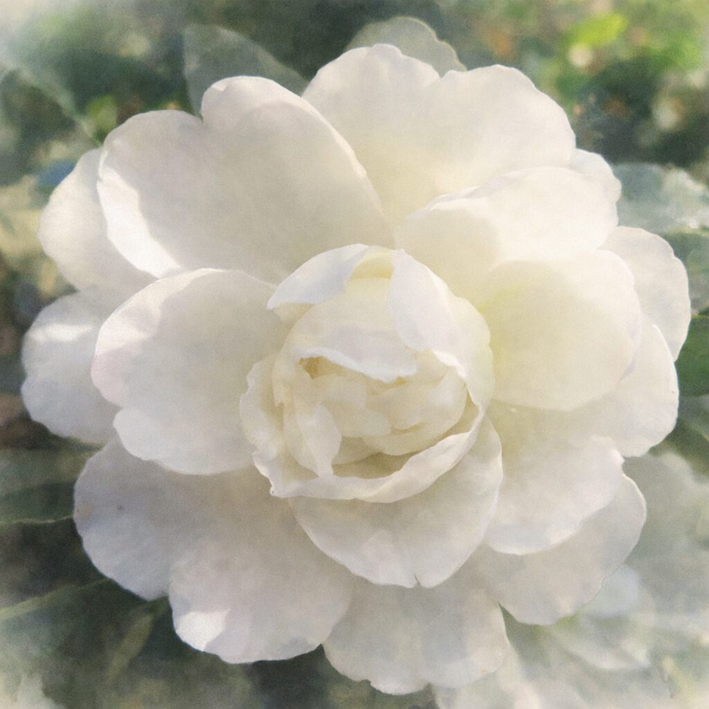 白い八重咲きのサザンカをモチーフにした手描き水彩画風イラスト、花弁が幾重にも重なる構図をふんわりとしたにじみと優しい色調で表現した正方形作品