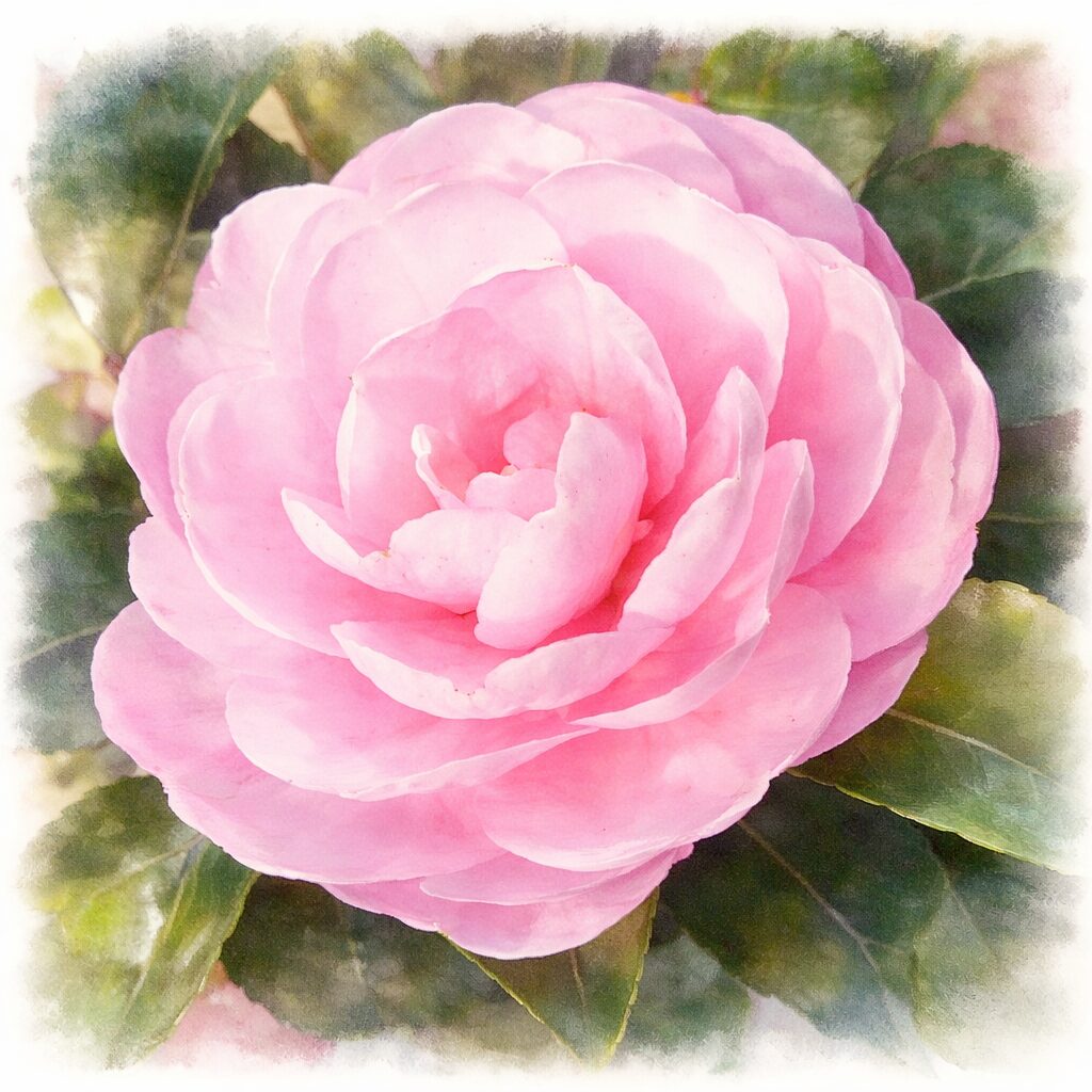 ピンク色のサザンカを正面構図で描いた、優しい質感の手描き水彩画風イラスト。幾重にも重なる花びらをふんわりと表現し、背景は淡くにじむ緑色でまとめた絵画的なサザンカのイラスト。