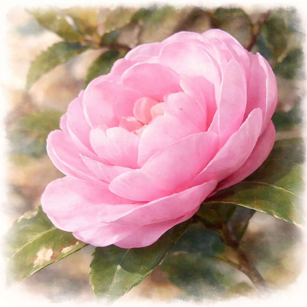 斜め横構図のピンク色のサザンカを描いた、優しい質感のふんわりとした手描き水彩画風イラスト。重なり合う花びらを柔らかく表現し、背景は淡くにじむ緑でまとめた絵画的なサザンカ。