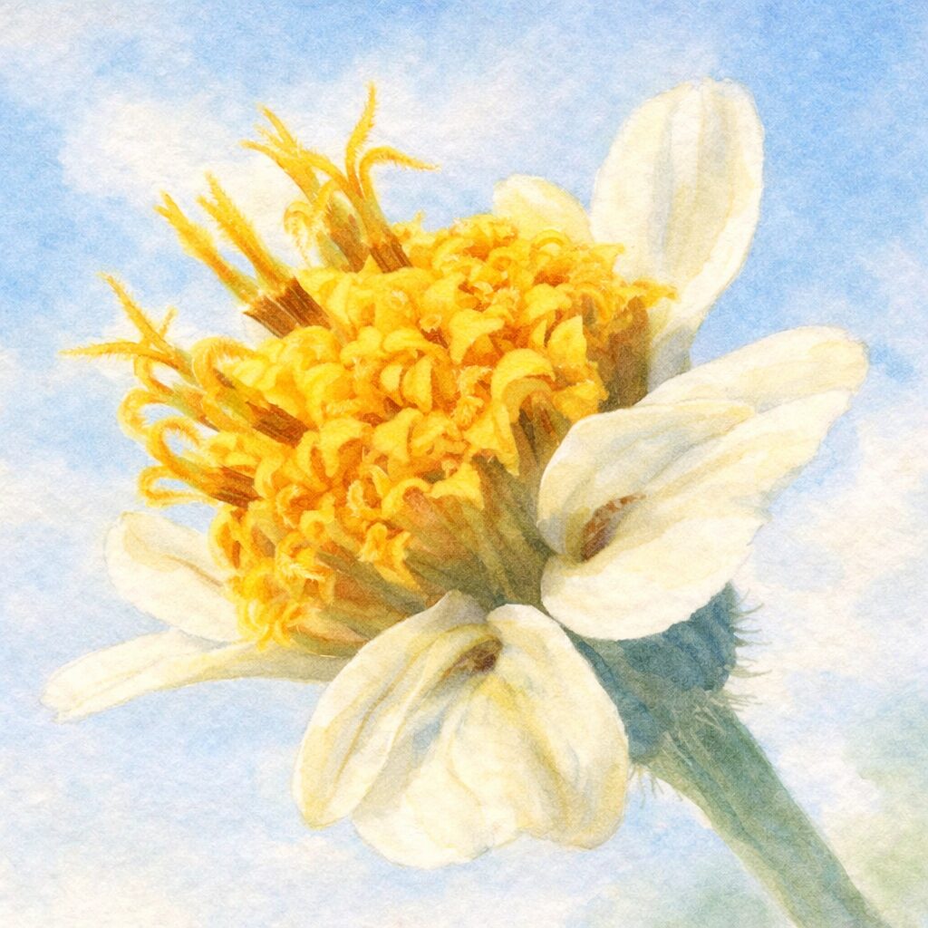 コシロノセンダングサの花を描いた手描き水彩画風イラスト｜白い花びらと黄色い花芯をやさしく表現したふんわり質感の正方形ボタニカルアート