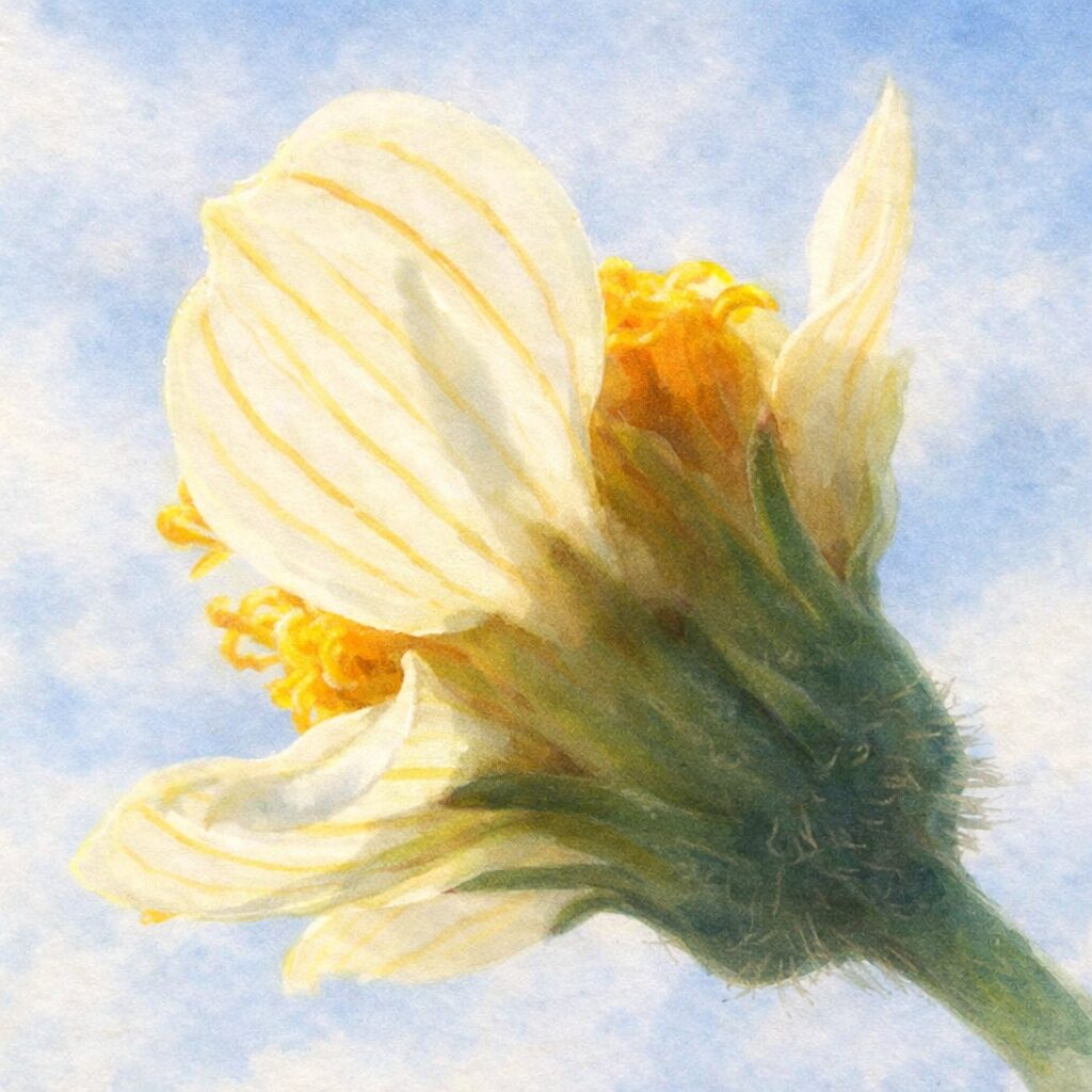 コシロノセンダングサを下向き構図で描いた手描き水彩画風イラスト｜白い花びらの透け感と黄色の葉脈、花芯と茎をやさしく表現したふんわり質感の正方形ボタニカルアート