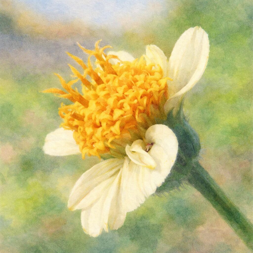 コシロノセンダングサを描いた手描き水彩画風イラスト｜白い花びらと鮮やかな黄色の花芯をふんわり優しい質感で表現した正方形のボタニカルアート