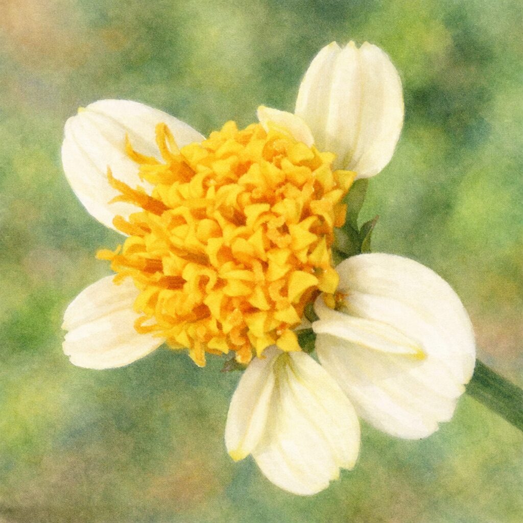 コシロノセンダングサを正面構図で描いた手描き水彩画風イラスト｜白い花びらと鮮やかな黄色の花芯をふんわり優しい質感で表現した正方形のボタニカルアート