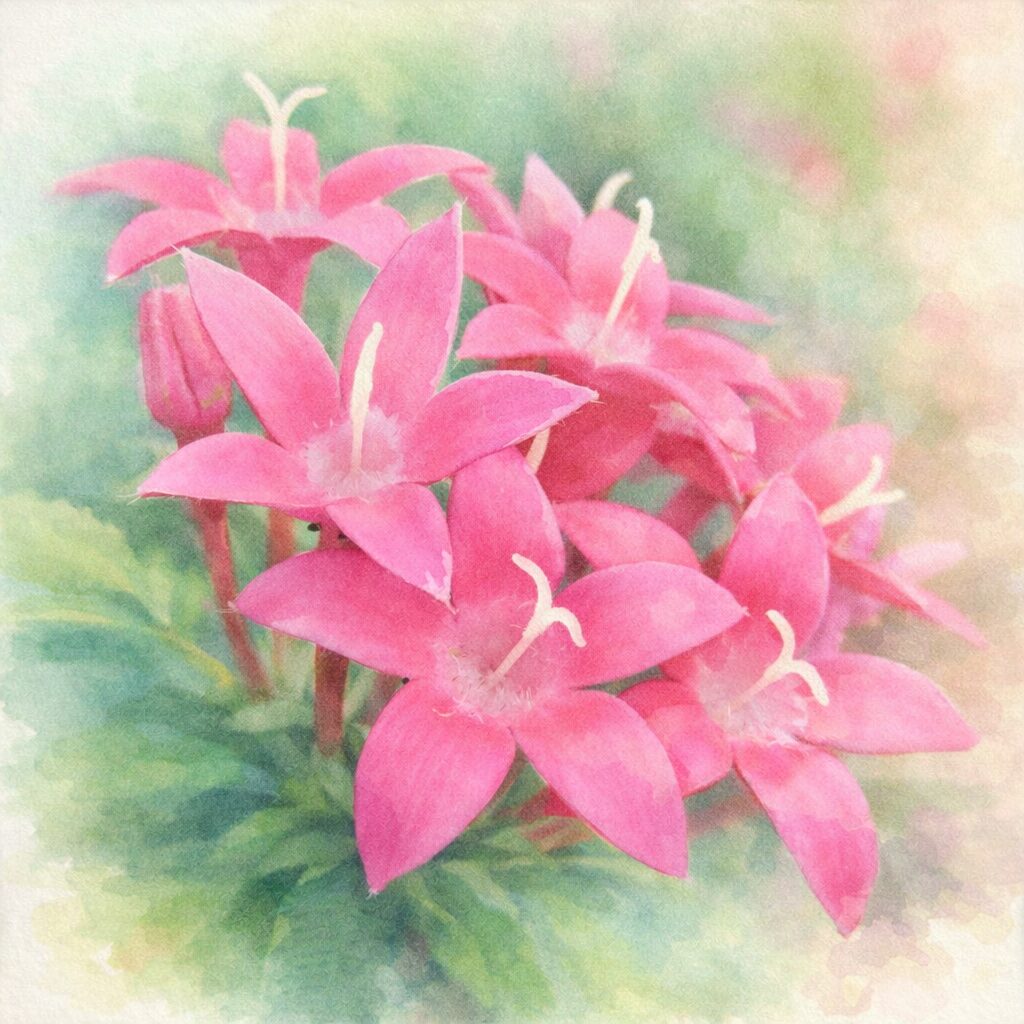 ペンタスのピンク色の星形の花が房状に咲く様子を、優しい色合いとにじみを活かしたふんわり手描き水彩画風で描いた正方形イラスト、柔らかな緑の背景付き