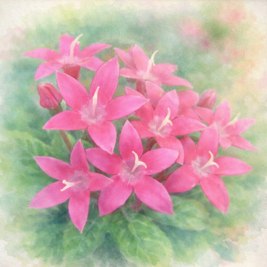 ペンタスのピンク色の星形の花が群れて咲く構図を、やわらかなにじみと淡い色調で表現したプロレベルの手描き水彩画風イラスト、優しい雰囲気の緑背景付き正方形作品