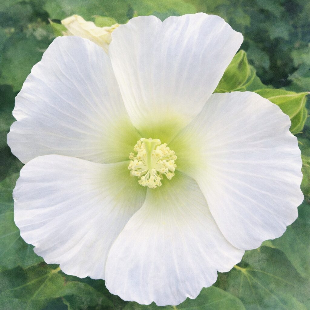 白いフヨウの花を写真構図に忠実に描いた正方形の手描き水彩画風イラストで、円形に広がる花びらの柔らかな質感と中央の淡い黄緑の花芯を、ふんわりとしたにじみで表現した絵画的作品