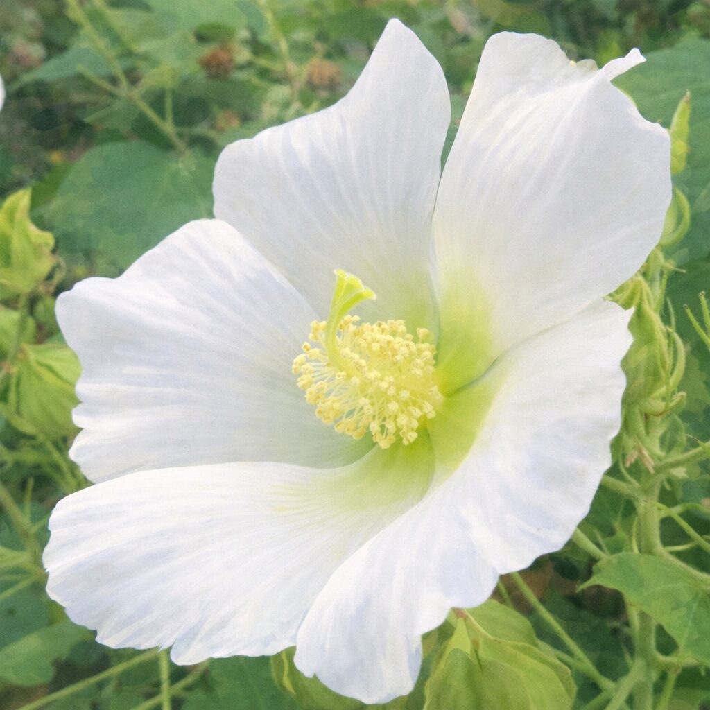 白いフヨウの花を写真構図に忠実に描いた正方形の手描き水彩画風イラストで、重なり合う花びらの優しいにじみと淡い黄緑の花芯、背景の緑をふんわり表現した作品