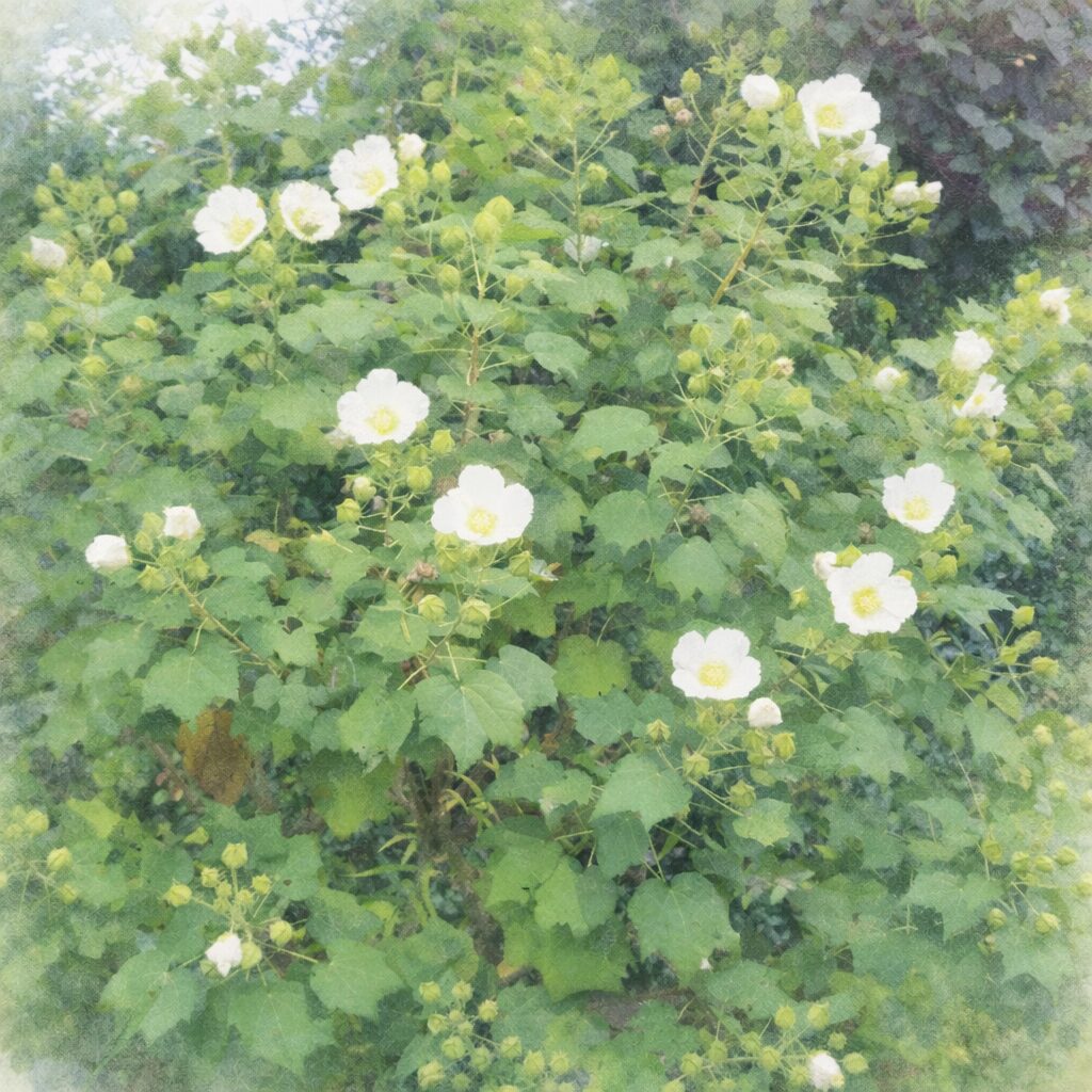 白いフヨウの花と蕾が枝いっぱいに広がる様子を、優しい色合いで描いた手描き水彩画風イラスト。緑の葉と白花の対比がやわらかく表現された構図