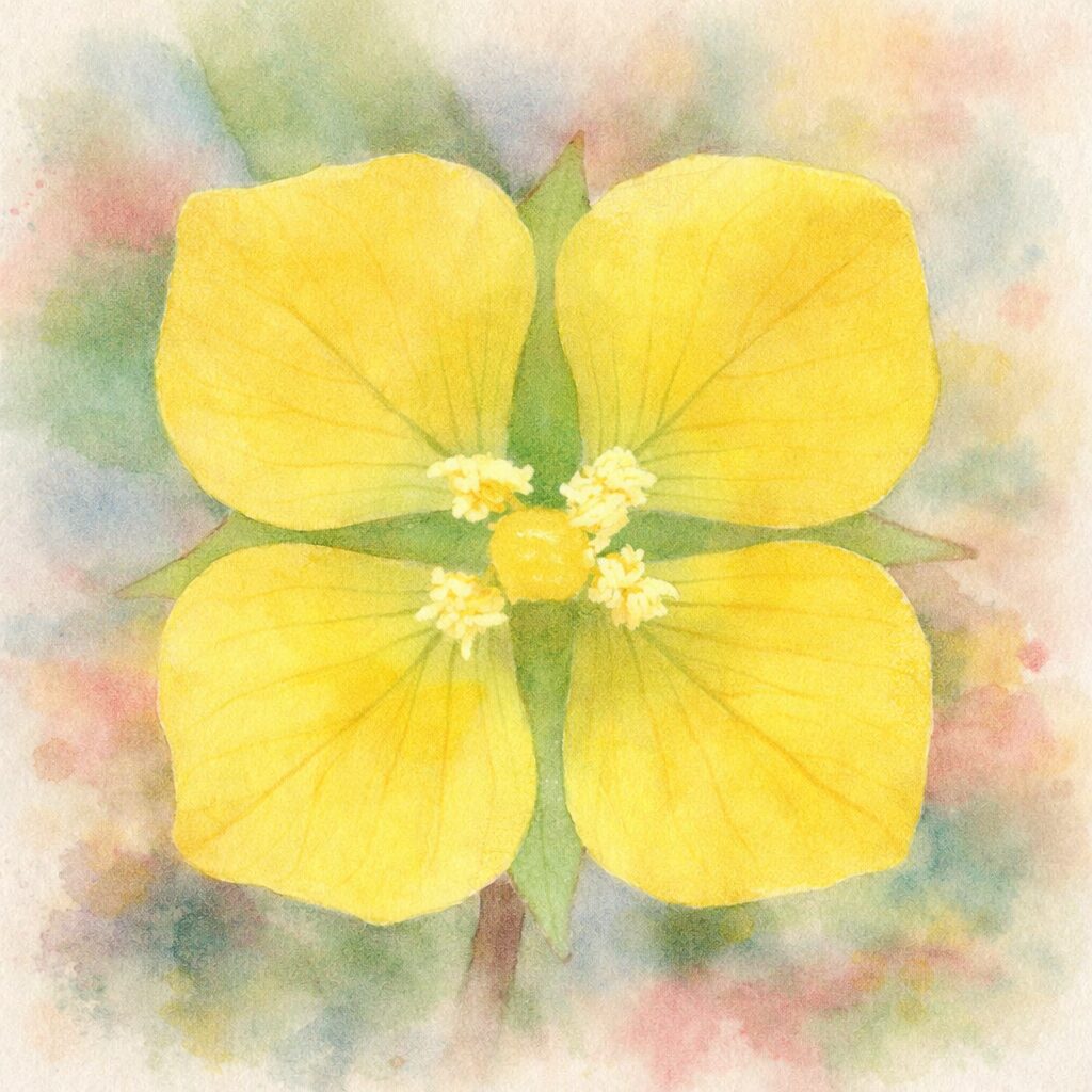 ヒレタゴボウの花をモチーフにした手描き水彩画イラスト｜4枚の黄色い花弁を正面構図で描き、中心の花粉とやわらかな葉の緑をふんわりと表現した優しい雰囲気の植物アート