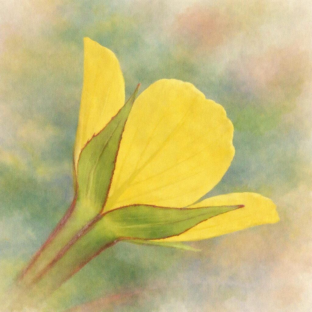 ヒレタゴボウの花を横向き構図で描いた手描き水彩画イラスト｜黄色い花弁と緑の萼をやさしくぼかしたタッチで表現し、背景を淡く溶かした絵画的でふんわりとした植物アート