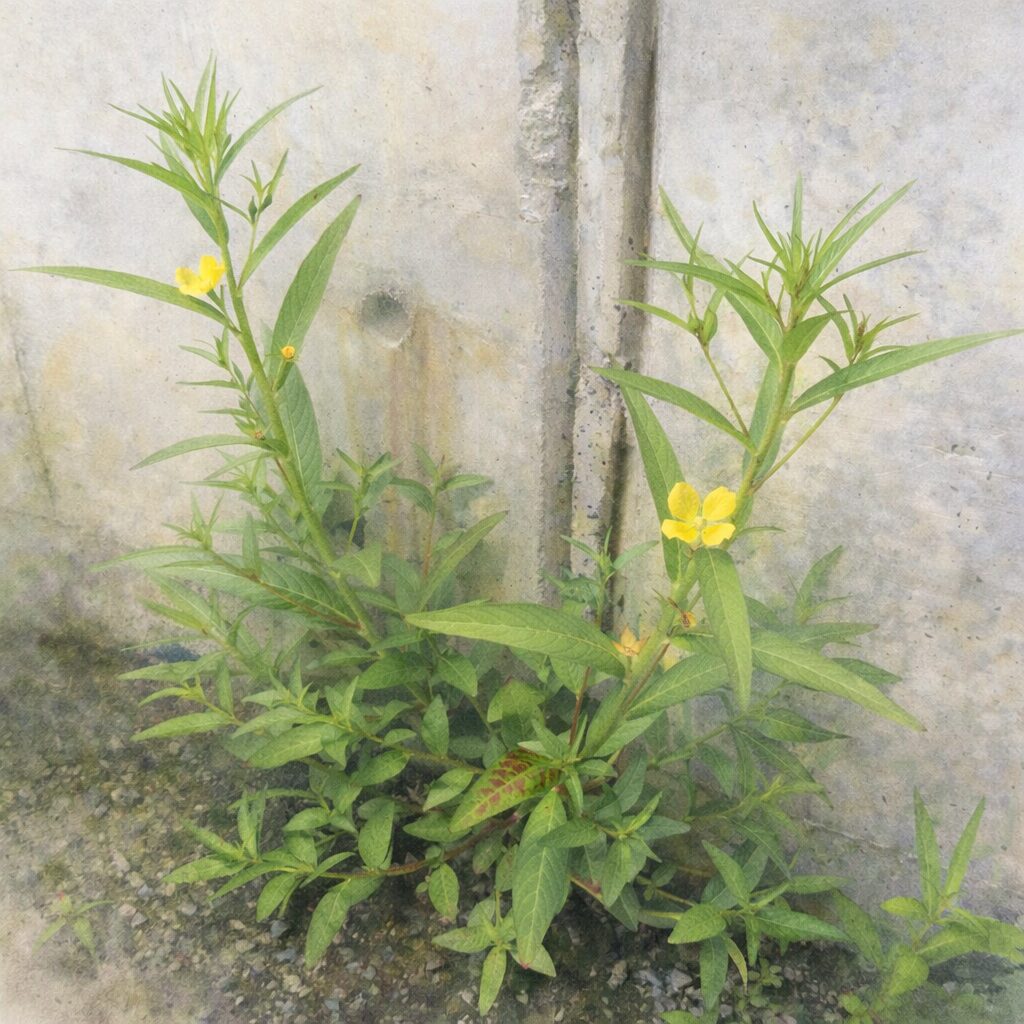 ヒレタゴボウの群生を描いた手描き水彩画イラスト｜壁際に生える複数の株と細長い緑の葉、点在する黄色い花を、ふんわり優しい質感で表現した植物風景画