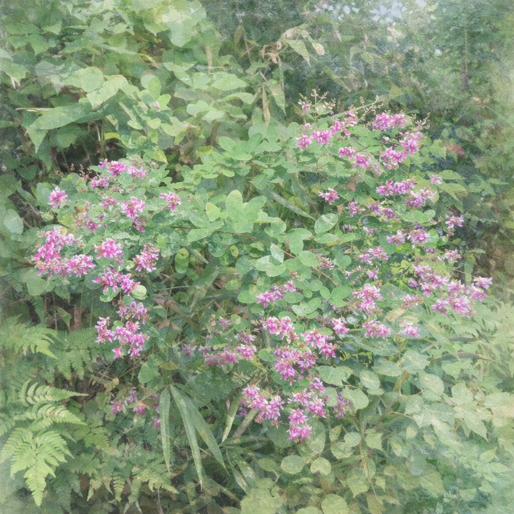 ヤマハギ（山萩）の群生を描いた手描き水彩画風イラスト｜紫紅色の蝶形花が枝一面に咲き広がる景色を、柔らかな緑の背景とにじみのある筆致で表現した絵画的な植物風景イラスト