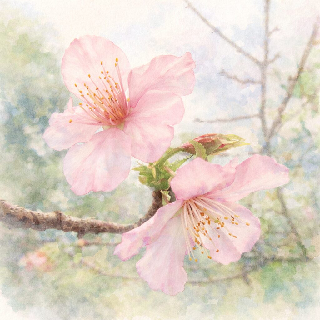 十月桜（ジュウガツザクラ）の薄桃色の花が枝に寄り添って咲く様子を、優しい質感でふんわり描いた手描き水彩画風イラスト。秋空を感じる柔らかな背景。