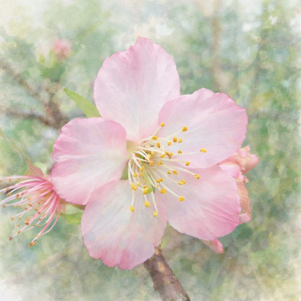 十月桜（ジュウガツザクラ）の一輪の花をモチーフに、淡い桃色の花びらと繊細な雄しべを優しい質感でふんわり描いた手描き水彩画風イラスト。絵画的でやわらかな背景。