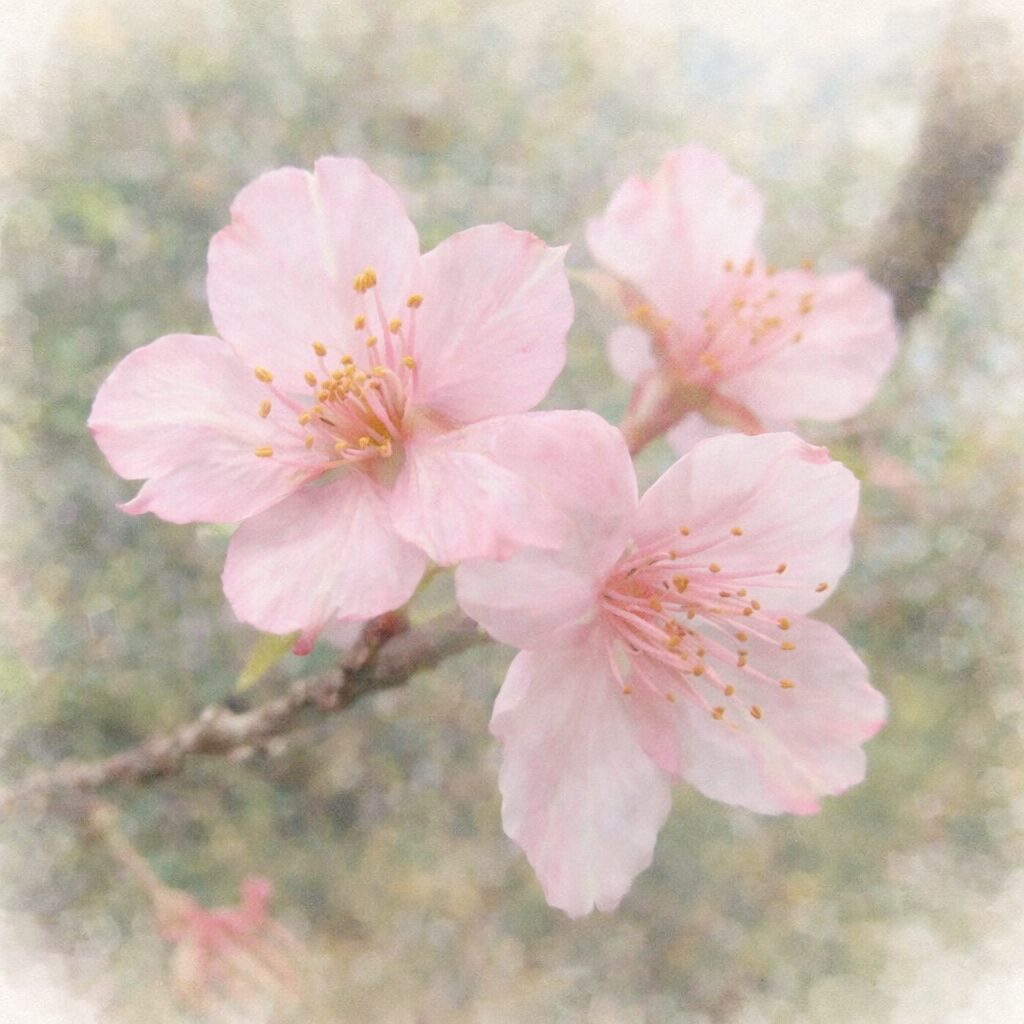 十月桜（ジュウガツザクラ）の2輪の花を主役に、淡い桃色の花びらと繊細な雄しべを優しい質感でふんわり描いた手描き水彩画風イラスト。柔らかく溶け合う自然の背景。