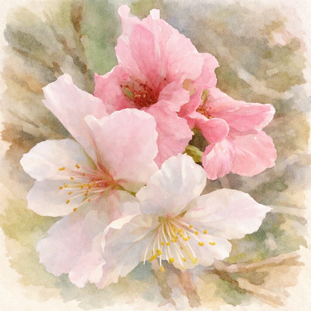 ジュウガツザクラ（十月桜）の白と淡いピンクの花を、実写構図をもとにやさしい質感で描いた手描き水彩画風イラスト。前後に重なる花の立体感と透明感のある花弁、ふんわりとにじむ背景が秋冬の静かな雰囲気を表現した正方形構図。