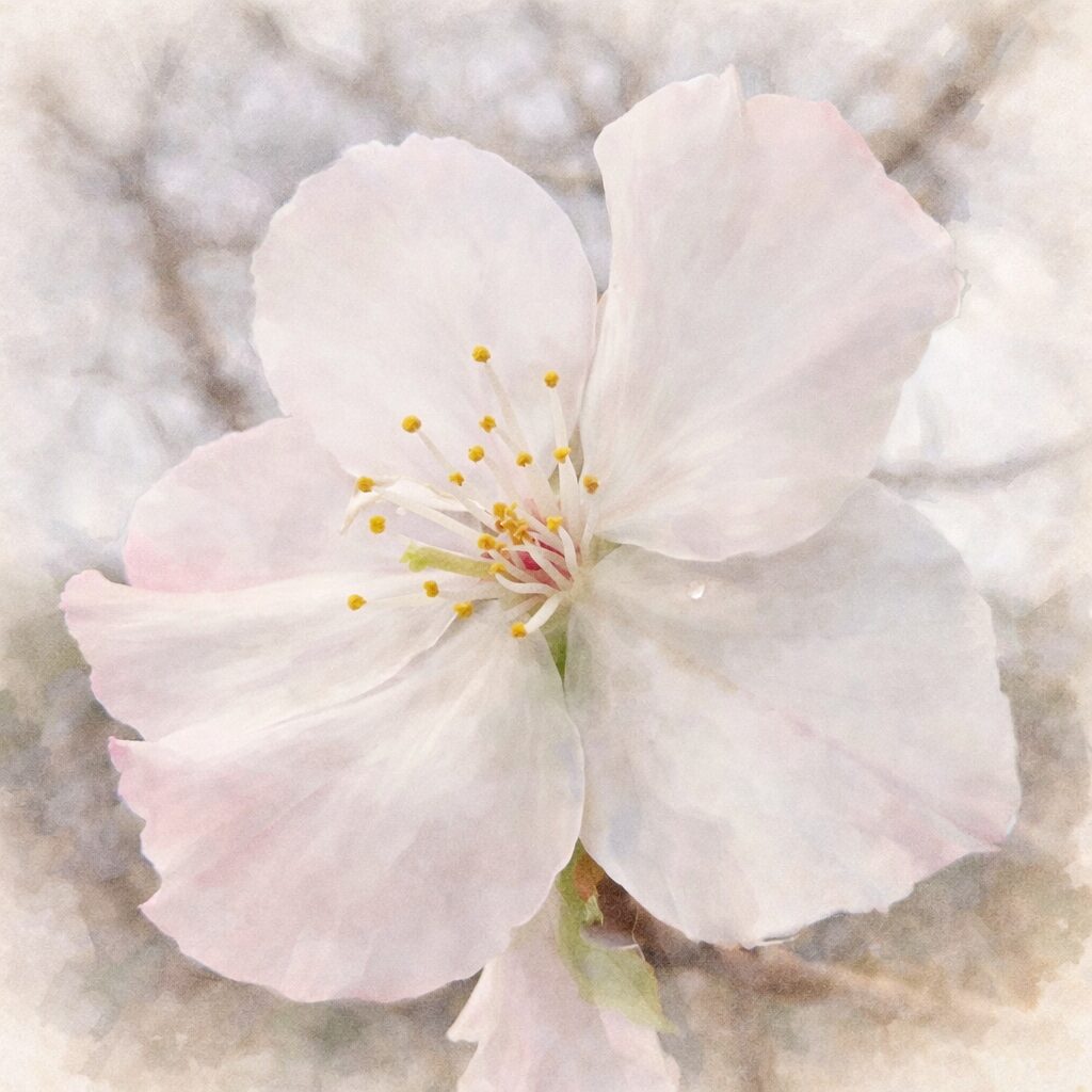 ジュウガツザクラ（十月桜）の一輪の花を実写構図そのままに描いた、優しい質感の手描き水彩画風イラスト。白から淡いピンクへとにじむ花弁、黄色い雄しべの繊細さ、水滴の透明感を表現し、背景はふんわりぼかした正方形構図。