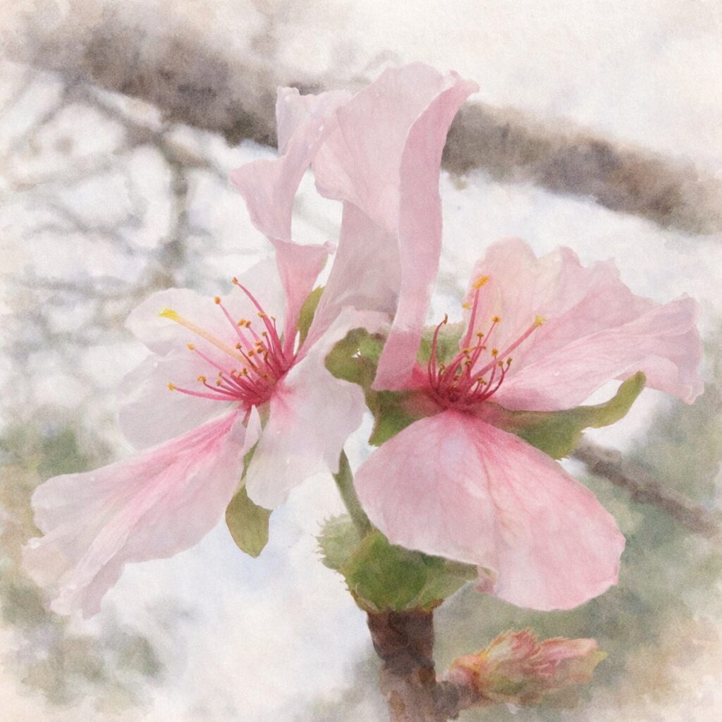 ジュウガツザクラ（十月桜）の2輪の花を実写構図に忠実に描いた、優しい質感の手描き水彩画風イラスト。淡いピンクから白へと透ける花弁の重なり、繊細な雄しべと萼を丁寧に表現し、背景はふんわりとにじませた正方形構図。