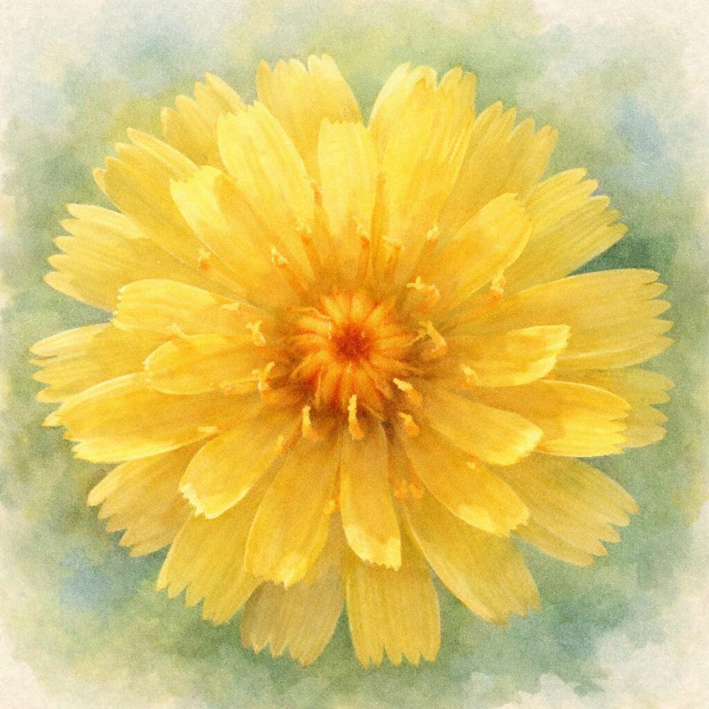 ブタナの花を正面構図で描いた、優しい質感の手描き水彩画風イラスト。黄色い花弁が幾重にも重なり、中心の暖色がにじむように表現された、ふんわりとした雰囲気の正方形ボタニカルアート。