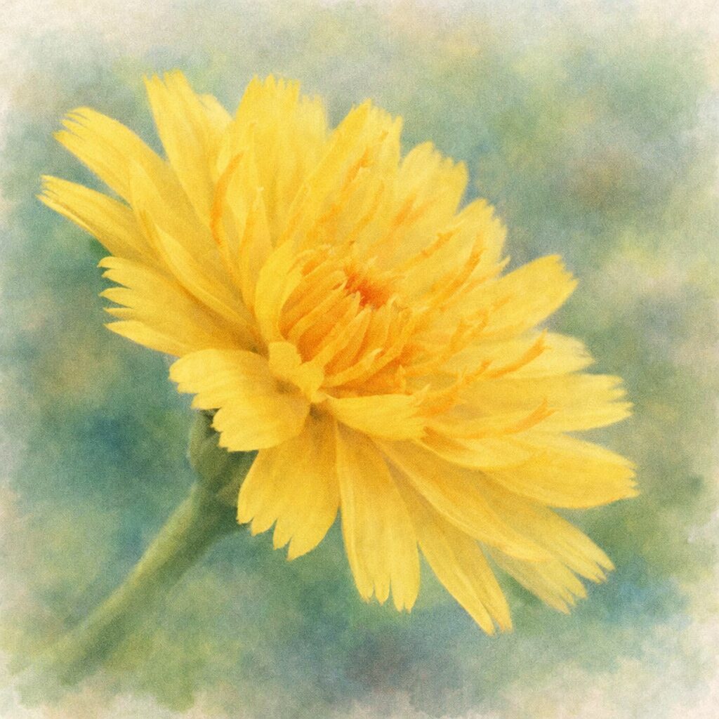 ブタナの花を横向き構図で描いた、優しい質感の手描き水彩画風イラスト。黄色い花弁がふんわりと重なり、中心の橙色がにじむように表現された、絵画的で柔らかな雰囲気の正方形ボタニカルアート。