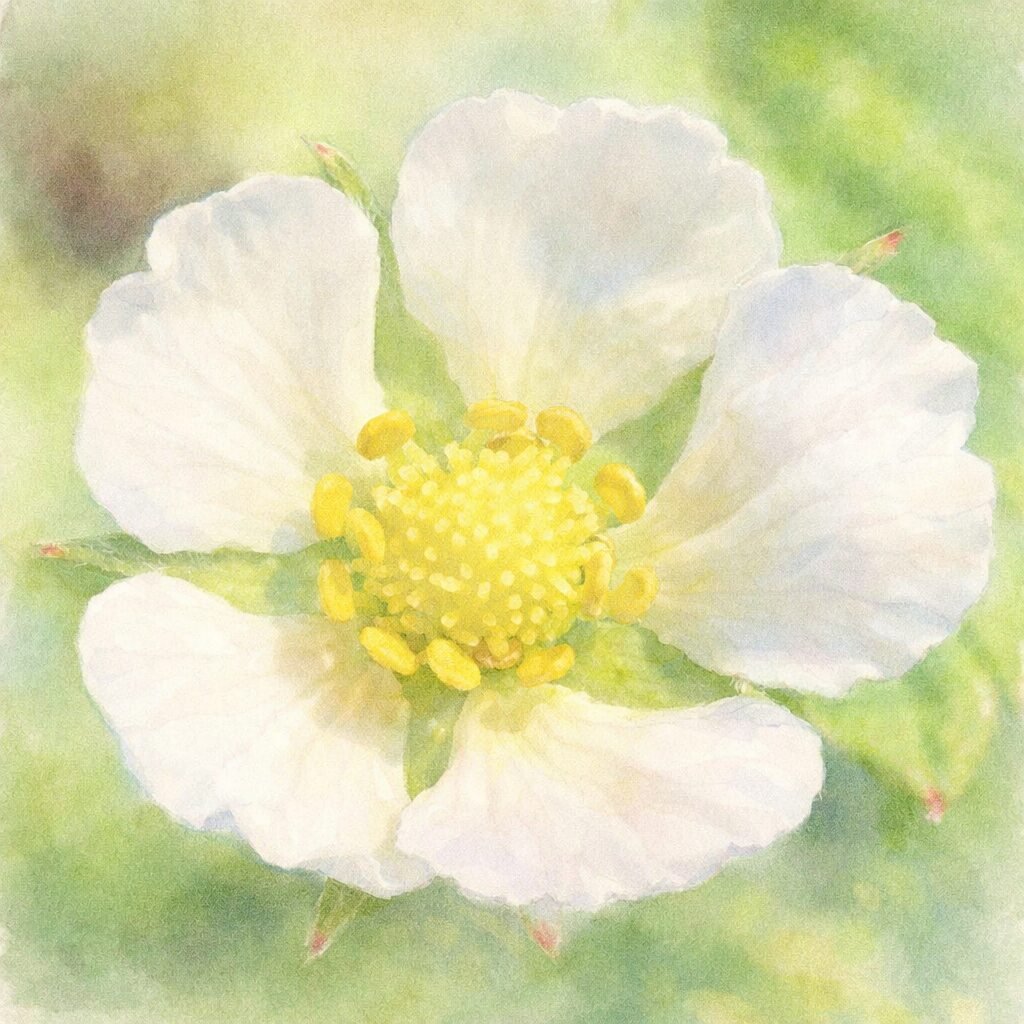 ワイルドストロベリーの白い花をモチーフにした、優しい質感の手描き水彩画風イラスト。5枚の花弁と黄色い花芯を中心に、淡い緑の背景でふんわりと描かれた正方形構図。